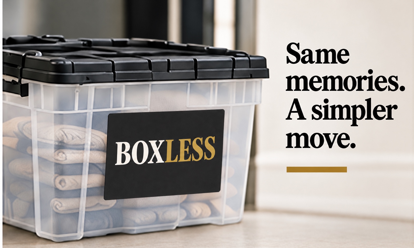 A clear BOXLESS bin with a black lid holding folded linens, captioned Same memories, a simpler move