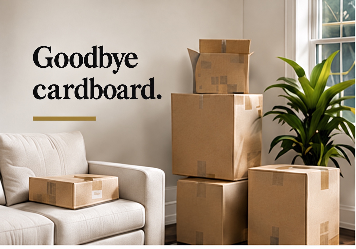 Stack of cardboard moving boxes in a living room, captioned Goodbye cardboard