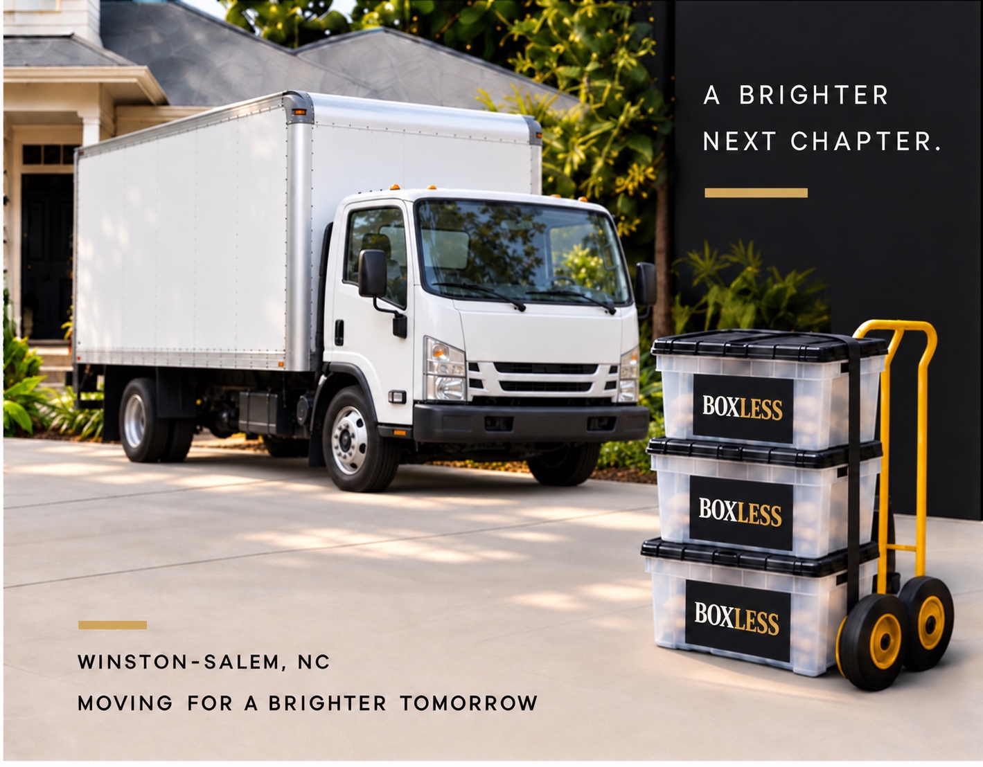 BOXLESS moving truck in a driveway with clear bins stacked on a hand truck
